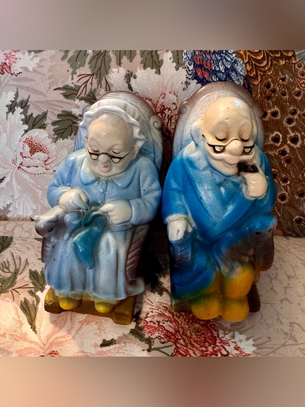 Blue & Cream Ceramic Elder Couple Decorative Figurines